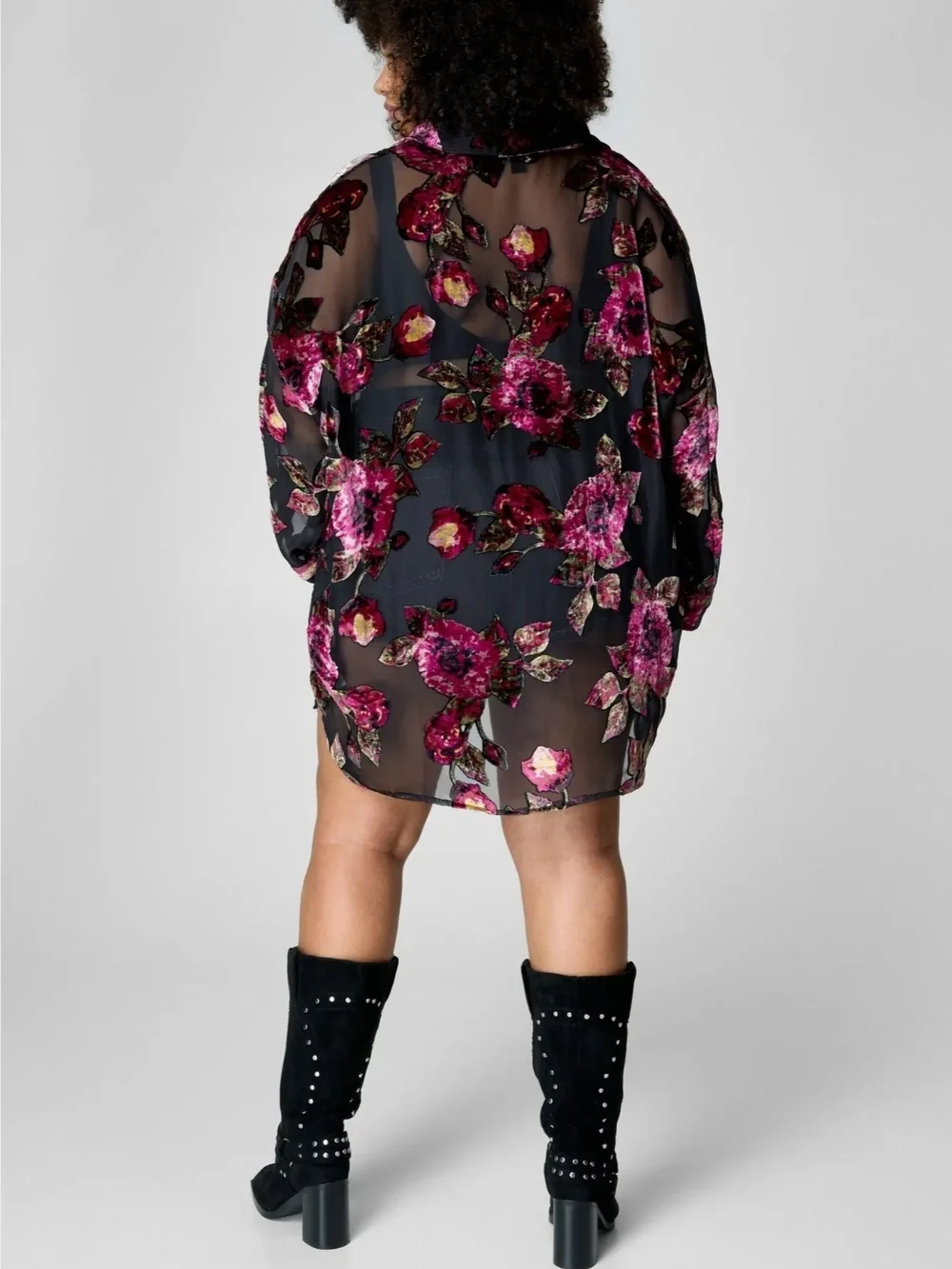 Nasty Gal Black Sheer Tunic with Magenta Floral Burnout Size 8 Oversize